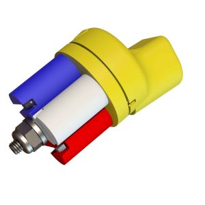 CP-11TT poly aerial nozzle with triple-tip configuration and built-in angle, designed for fixed-wing and rotary aircraft at any airspeed, supporting customizable droplet spectrums.